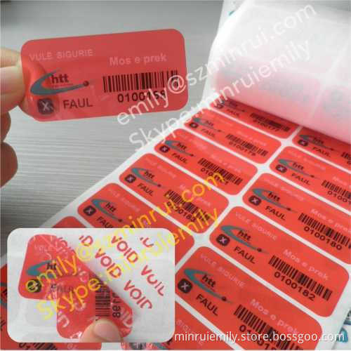 Custom Red Security Warranty Void Sticker With Custom Design And Barcode With Number, Self Adhesive Security Seal Labels 